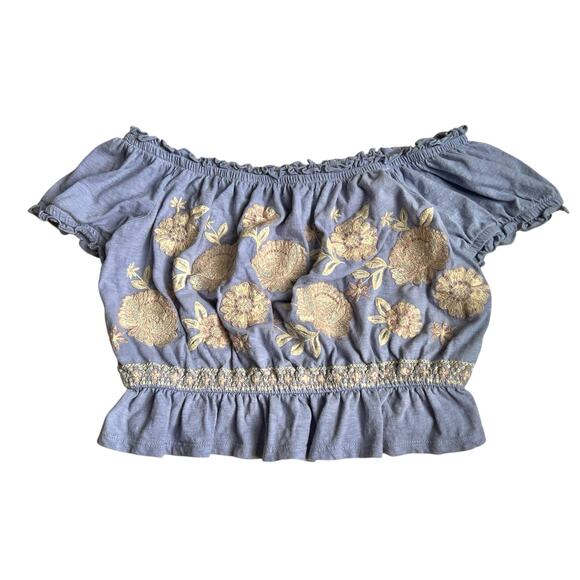 American Eagle Off Shoulder Floral Embroidered Ruffle Crop Top M - Picture 2 of 6